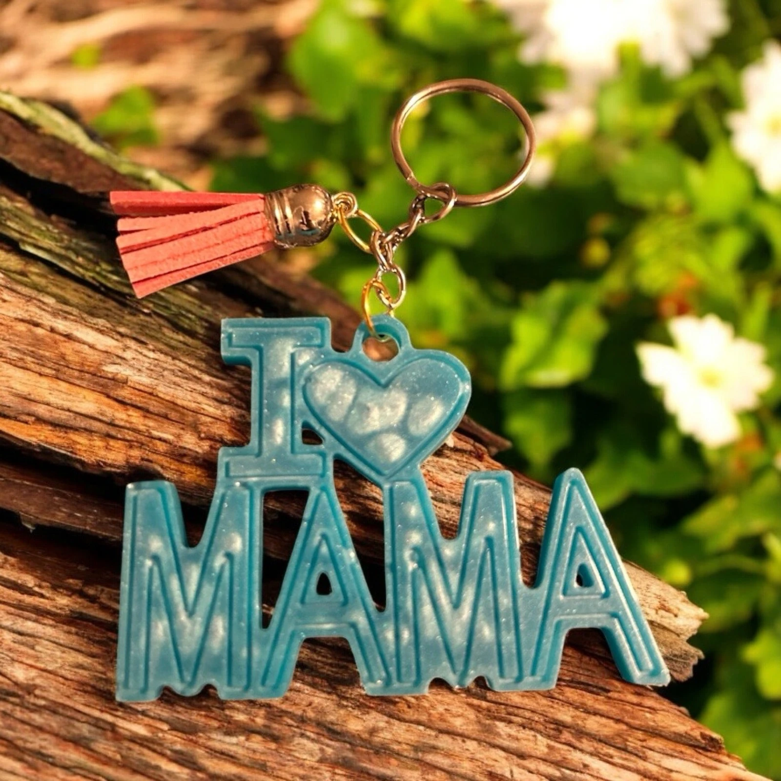 Porte-clés “I ❤️ MAMA” bleu pailleté fait main